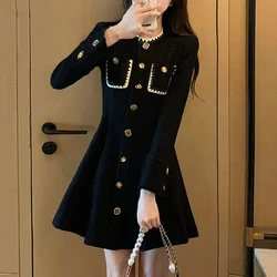 Spring Autumn Stand Collar Long Sleeve Mini Dress Women Contrast Color High Street Button Dresses Vintage Elegant Slim Vestidos