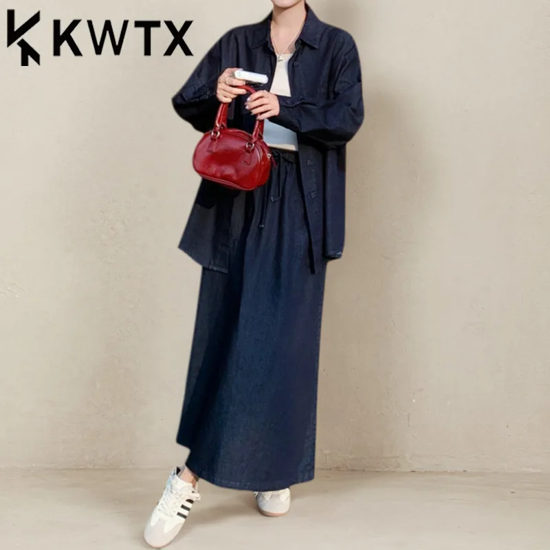 

KWTX 2025 Summer Vintage Denim Skirt Set Navy Blue Casual Elegant Two Piece Outfit Stretchy Waist Skirt & Shirt Women's Fashion