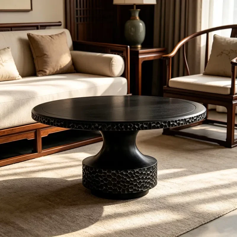 Medieval Black Hammered Texture Round Coffee Table Wabi Sabi Style Retro Art Engraved Edge Side Table for Living Room Decor