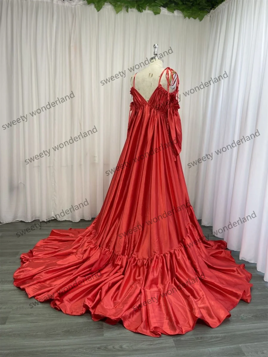 Silk Satin Red Maternity Dress for Women Spaghetti Straps Photoshoot Robe Long Sleeve Boho Prom Gown Bridal Nightwear Real Photo