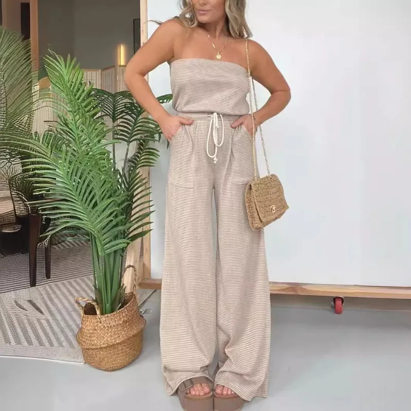 Personal isierte Straße Frauen gestreiften Bandeau lässig weites Bein Overall Temperament 2024 Sommer weibliche Mode hohe Taille Overalls