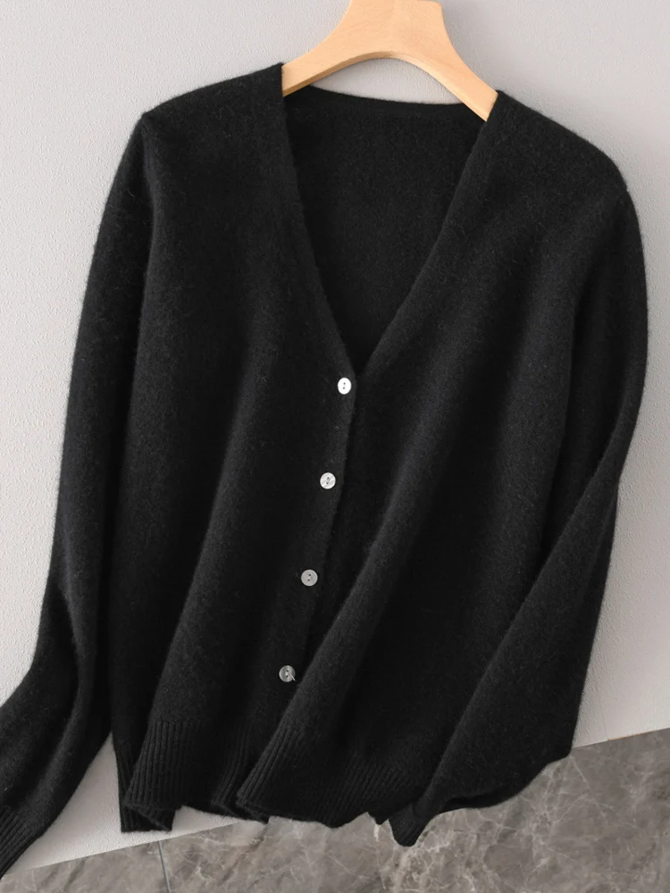 الخريف الشتاء النساء 100% ميرينو الصوف تريكو سترة سترة الخامس الرقبة سترة الكشمير المعنقة لينة الأساسية طويلة الأكمام بلايز #6