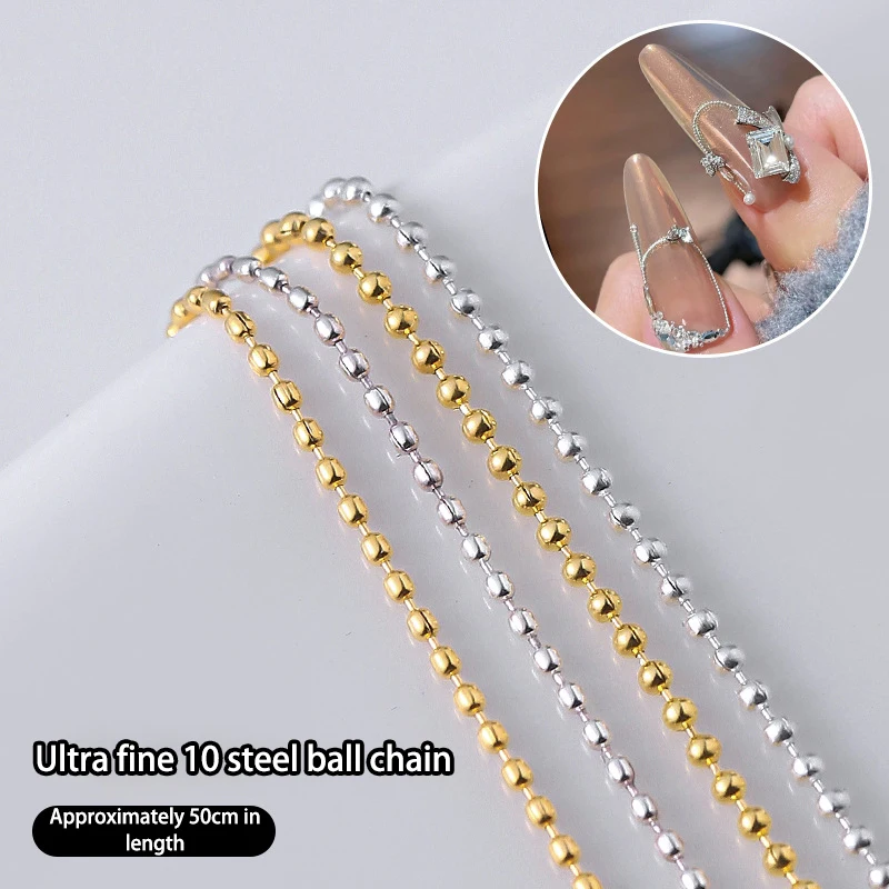 50 cm 0,8 mm Gold Silber Nagelperlen Kette Charm Ellipse Stein Nail Art Dekorationen Glitter Metall Stahlkugel Schmuck Zubehör