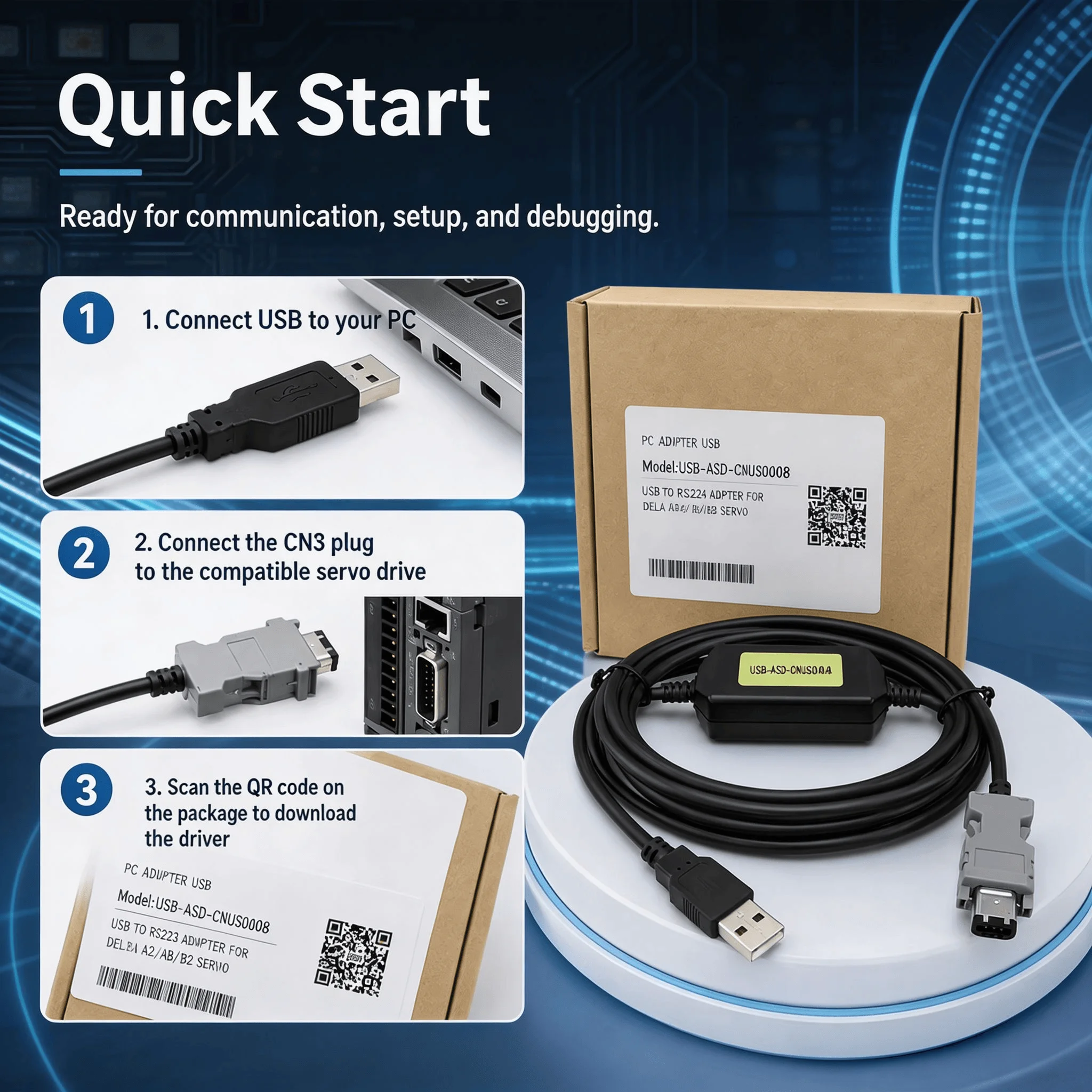 USB-ASD-CNUS0A08 CN3 Programming Cable for Delta ASDA-A2 B2 AB Servo Drive, USB to RS232 Communication Cable, 5V, 3M