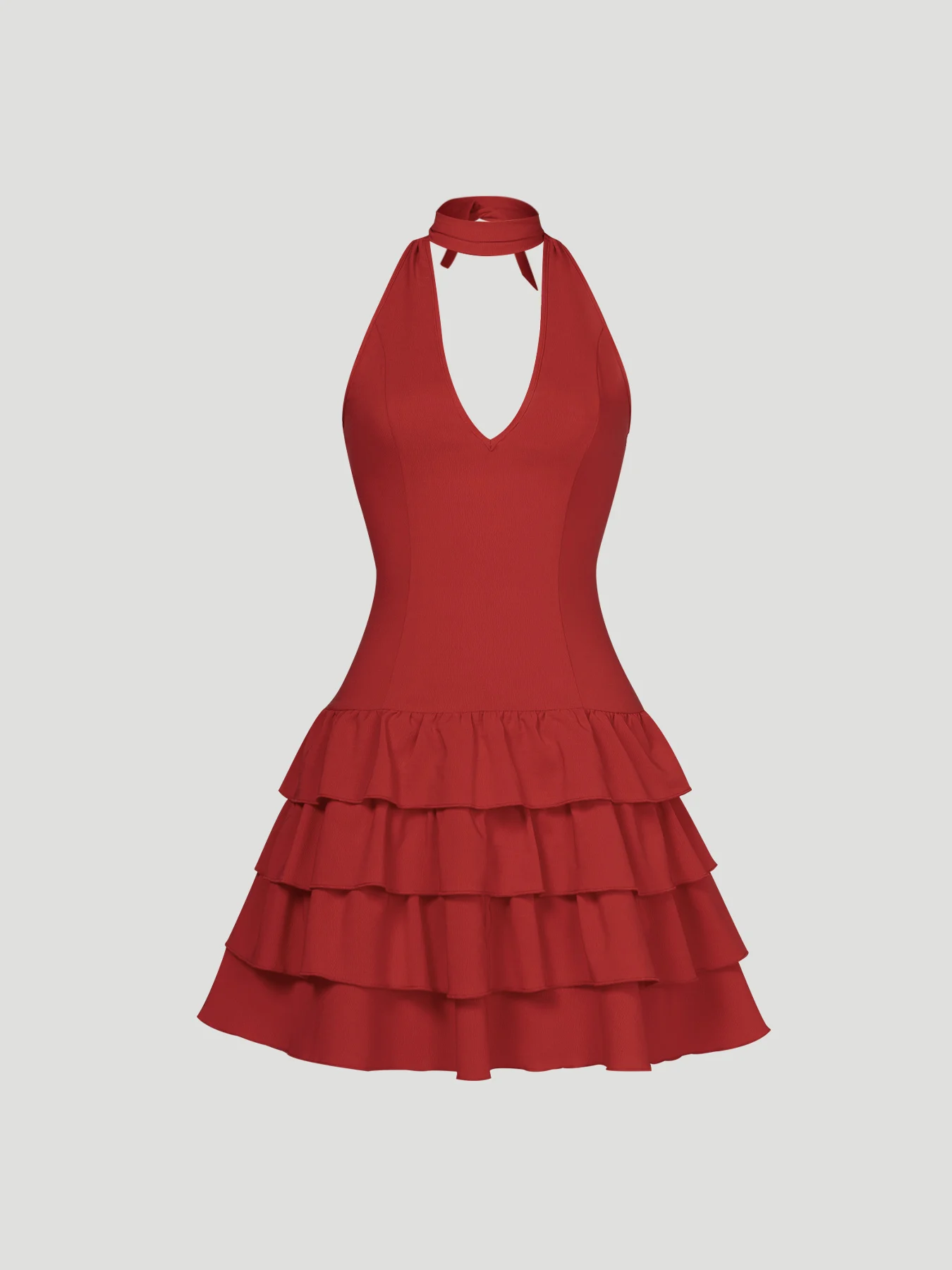 Women Halter Mini Dress V Neck Tiered Ruffle Bodycon Dress Glamorous Spring Sum… - Image 3