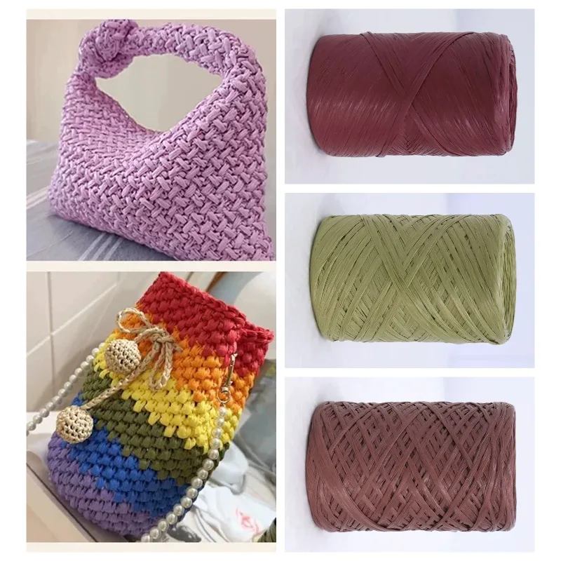 200g/Set Baumwoll-Stroh-Raffiagarn zum Handstricken von Taschen, Sommer-Sonnenhüten, Sandalen, Untersetzern, Häkeln, DIY, weicher, einfarbiger Faden