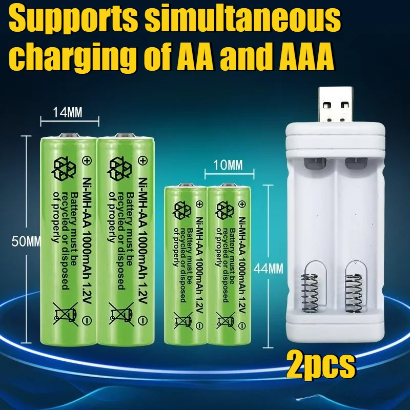 1.2V AA/AAA Rechargeable Battery Kit with Charger - 2000mAh Ni-MH Batteries for Toys/Remote Controls LED Lights Wall Clocks