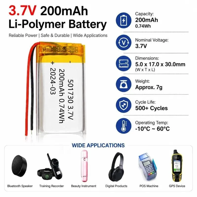 104pcs Manufacturer 501730 polymer lithium battery 200mAh recorder, electronic remote control night light battery 3.7V