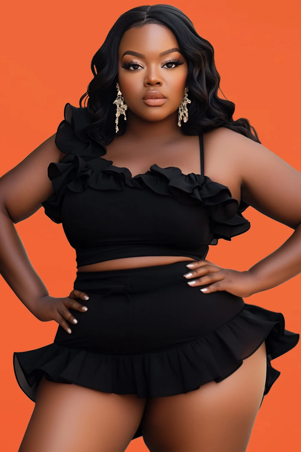 

Plus Size Beach Black Asymmetrical Collar Ruffle Irregular Hem Swimsuit Fabric Two Pieces Swimsuit