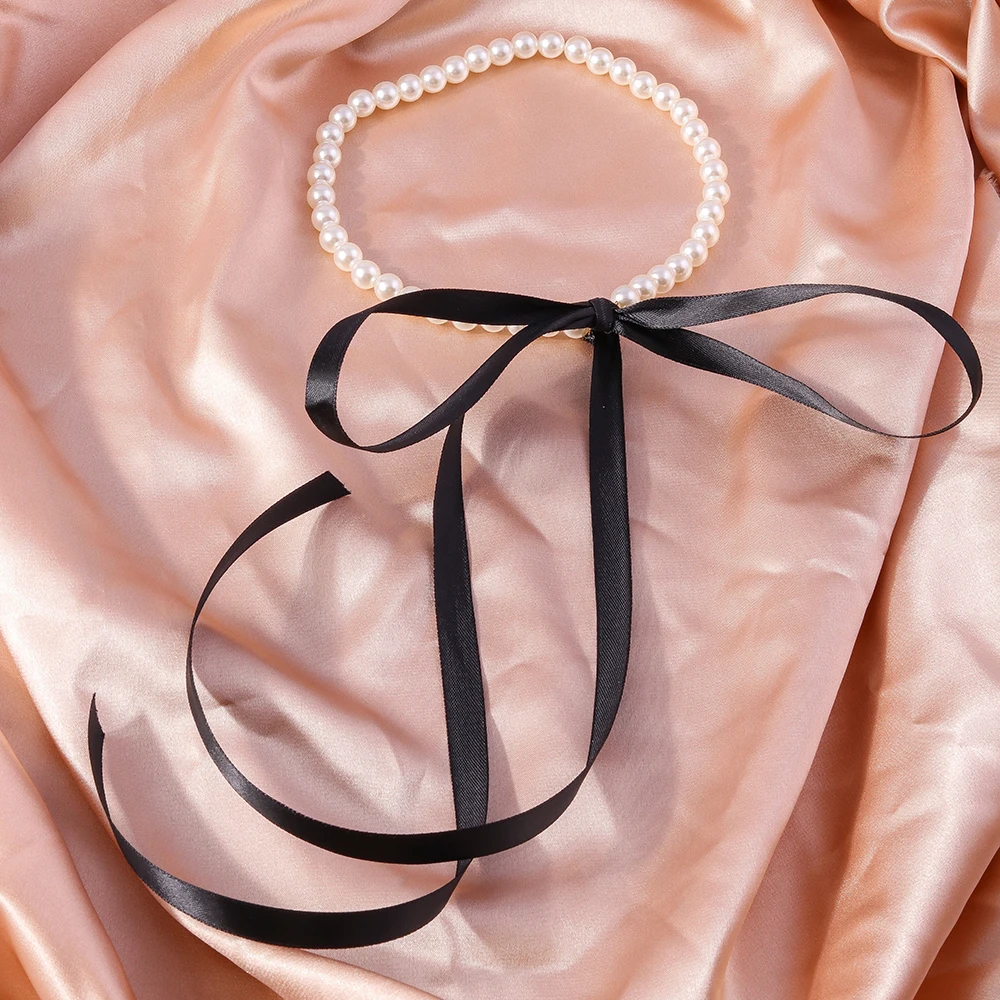 Aihua Koreanische Imitationsperlen-Halskette für Damen, Choker, modische schwarze Samt-Halskette mit verstellbarer Schleife, Hochzeitsschmuck, Geschenkidee – Detail 10