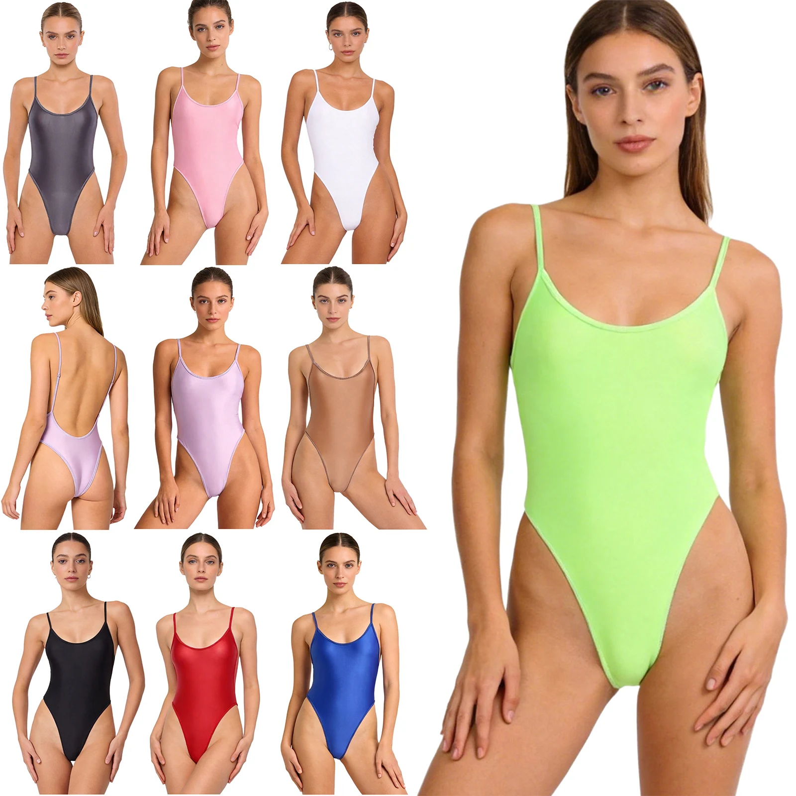 Womens Swim Leotard Oil-shiny Glossy Swimsuit Nightwear Backless High-cut Stretchy Sling Bodysuit for Nightclub Beach Diving
