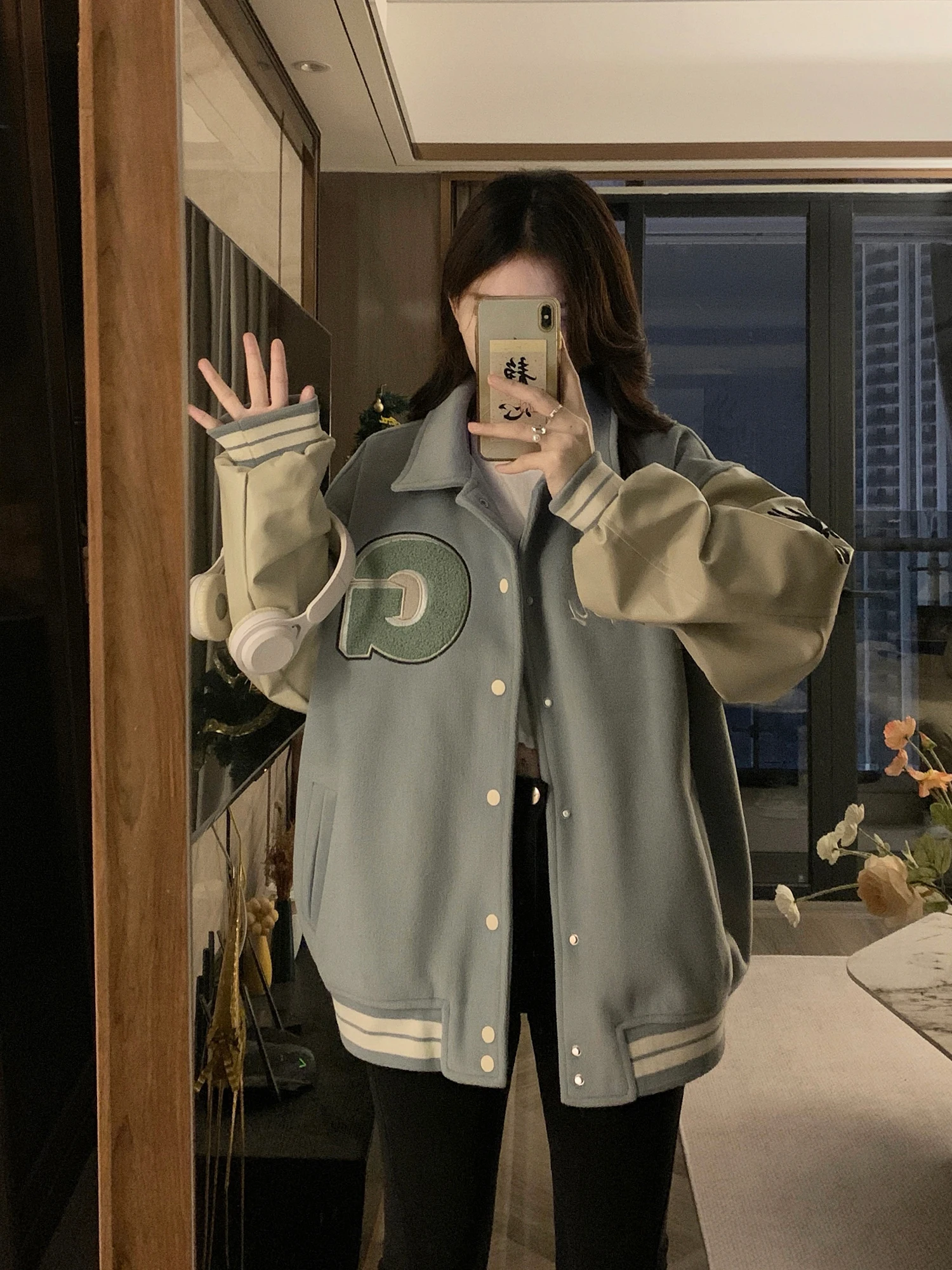 

Baseball Jackets Woman Royal Blue Womens Autumn Ribbed Drawstring Harajuku Elasticated Twill Fishbone Stretchy Overlong Oversize