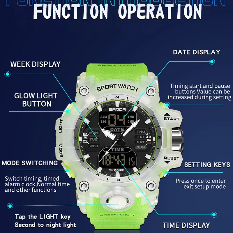 SANDA Outdoor Military LED Digital Men Watch G Style 50M Waterproof Electronic Dual Display Quartz Wristwatch Relogio Masculino