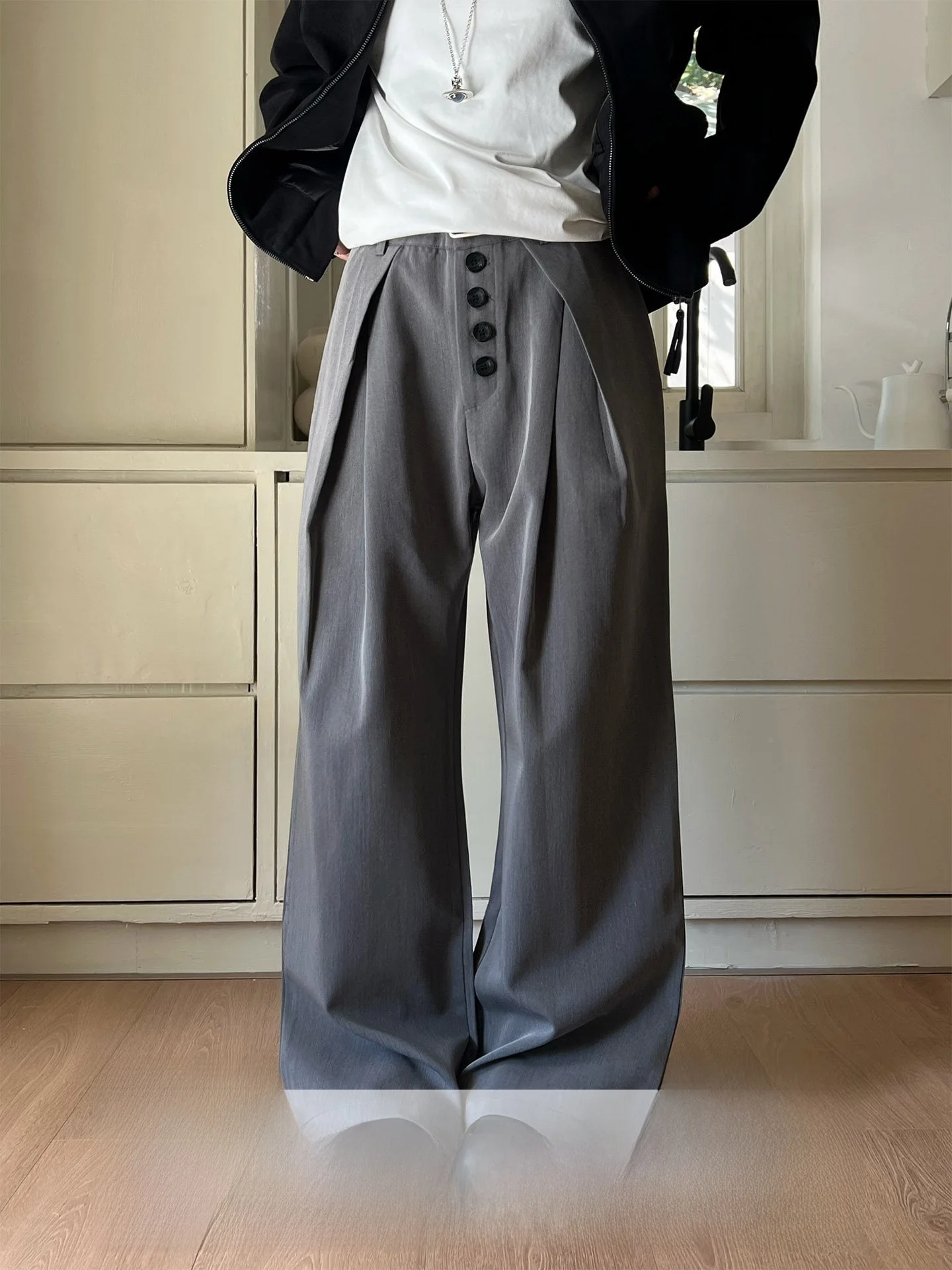 

Повседневные прямые брюки-костюмные с пуговицами, широкие, универсальные, удобные, со средней посадкой, длинные, для пар