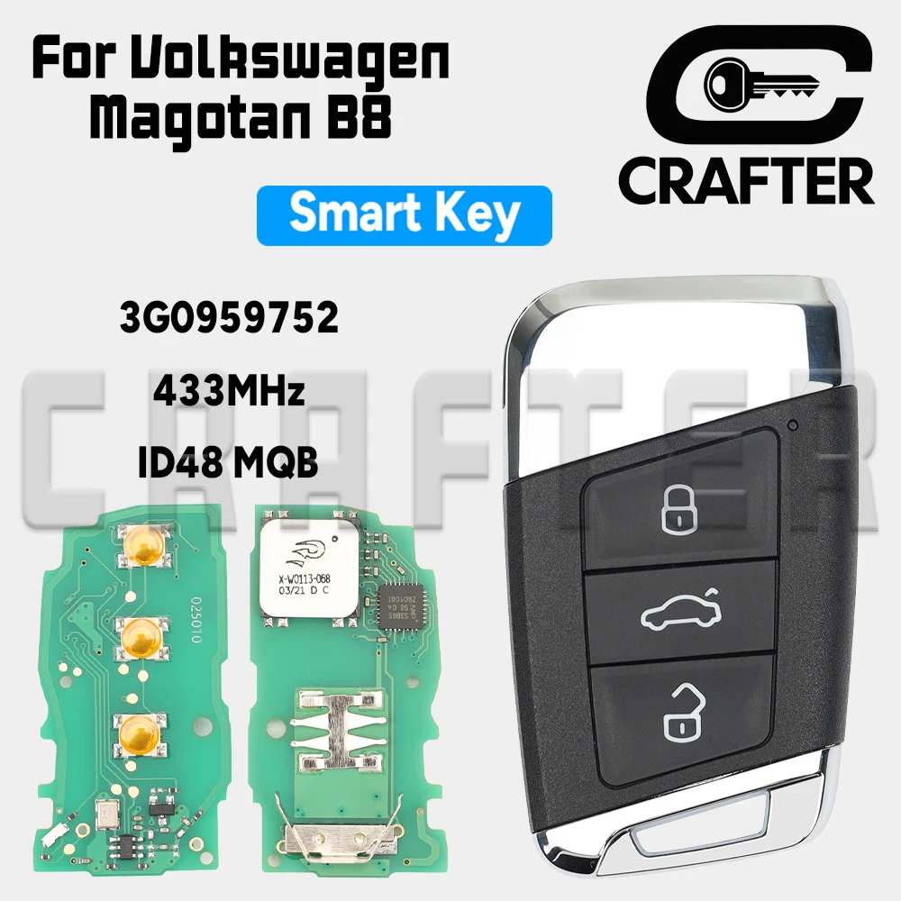 

Ключ Crafters 3G0959752 ID48 MQB 433 МГц Ключ смарт-карты для Volkswagen Magotan B8 Passat Skoda Keyless Go