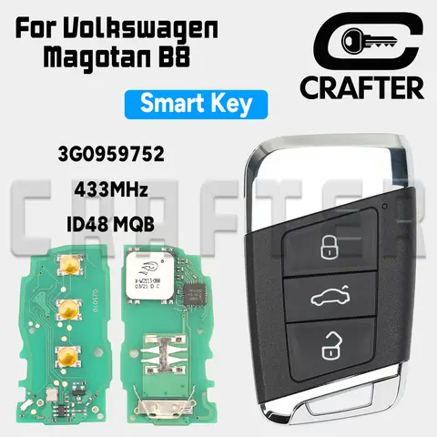 Key Crafters 3G0959752 ID48 MQB 433MHz Smart Card Key For Volkswagen Magotan B8 Passat Skoda Keyless Go