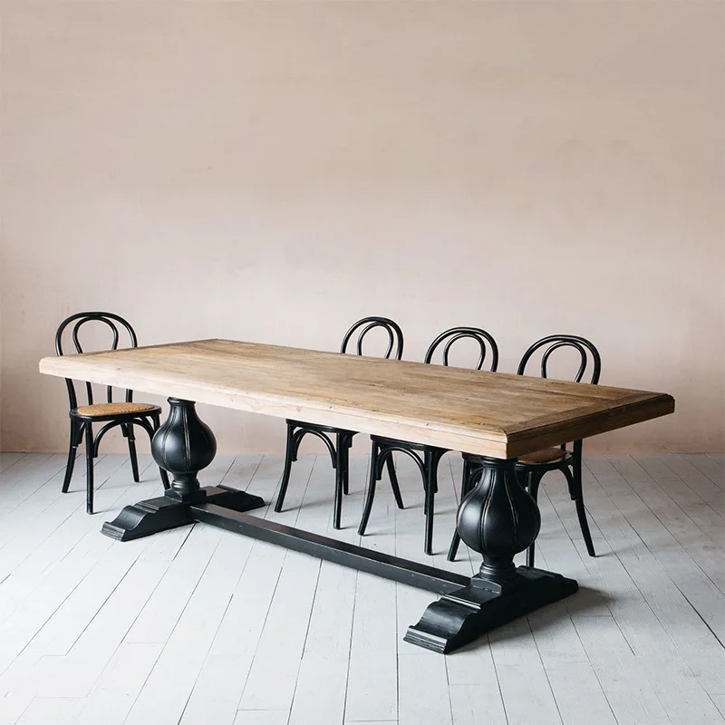 American high-end all-solid wood dining table rectangular restaurant dining table French retro small apartment medieval black ta
