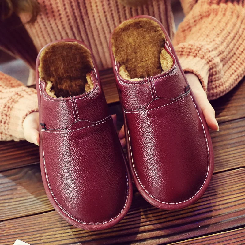 Winter Lovers At Home Leather Plush Keep Warm Waterproof Slipper Men and Women Non-slip Cotton Slippers Winter Slippers for Men