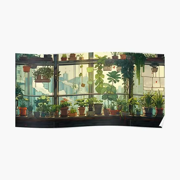 Ghibli Room With Plants In Windows Illus  Poster Wall Decoration Funny Painting Picture Decor Art Room Print Mural Home No Frame