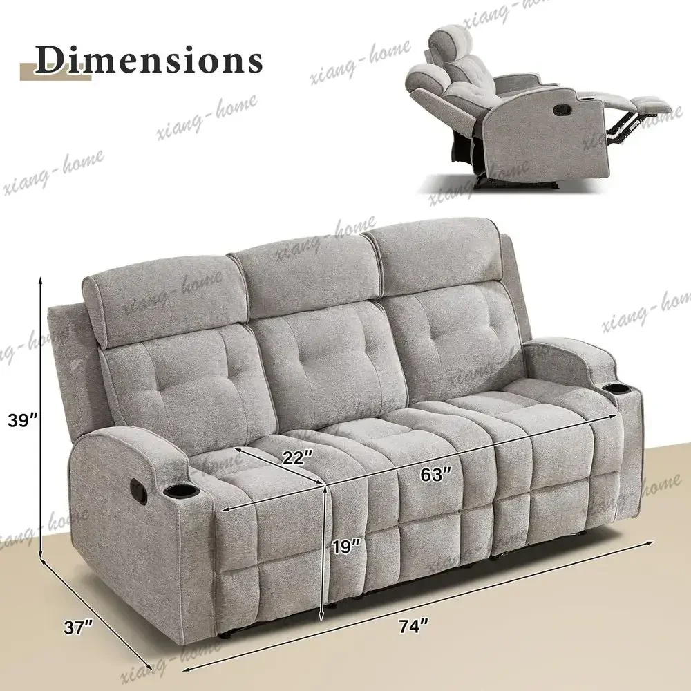 ls3Seater Manual Reclining Sofa with Fixed Middle Seat, Extra Wide Overstuffed Fabric Couch with Hidden Cup Holders, Recliner So