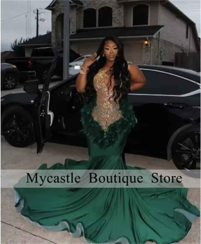 

Luxury Emerald Green Feather Mermaid Prom Dresses 2025 Gold Crystal Beaded Birthday Party Dress Evening Gowns Customized