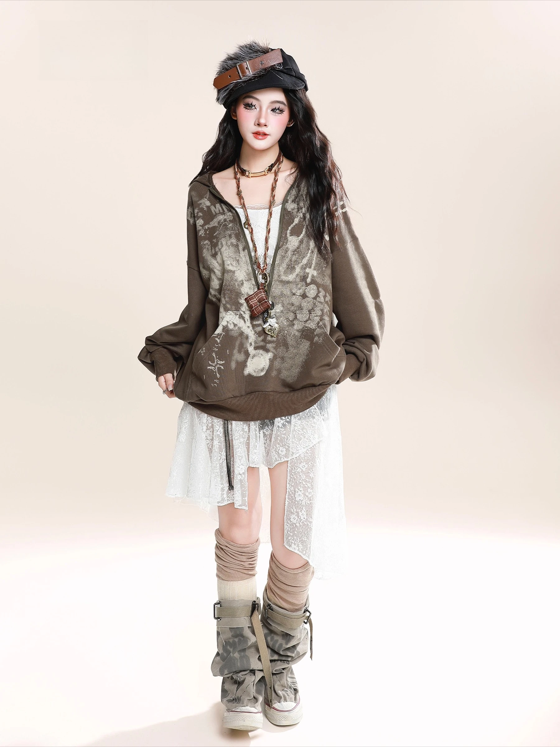 2025 verão novo estilo retro americano versátil preto cinza renda retalhos irregular angustiado lavado denim midi saia