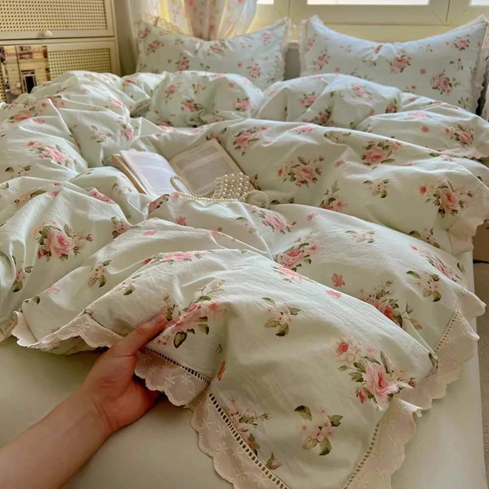 Washed Cotton Duvet Cover Sets Single/Queen/king Flower Printed Bedding Set Princess Style