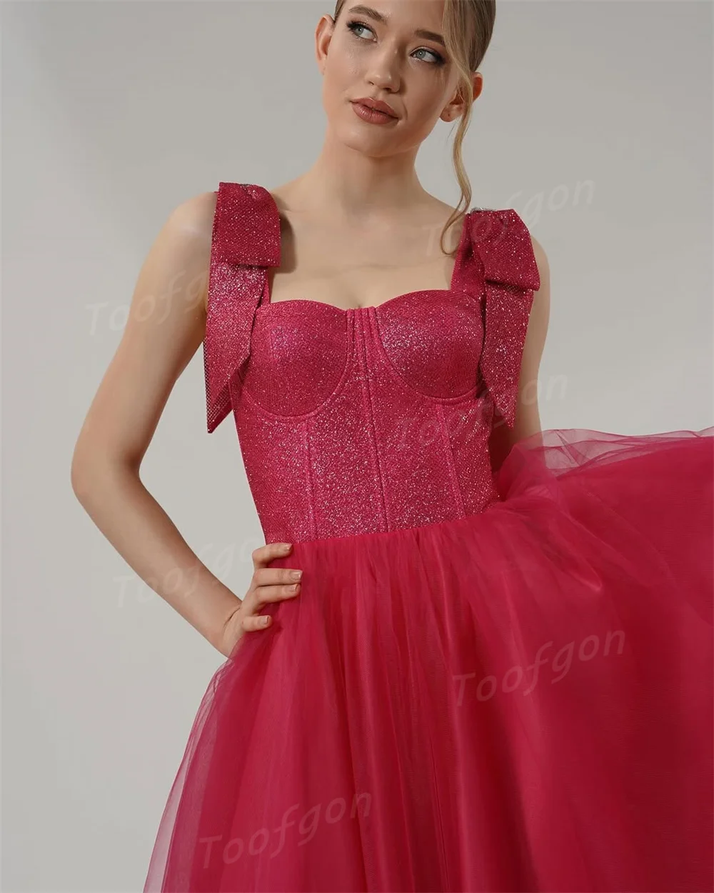 Toofgon brilhante vermelho a linha vestidos de noite personalizado brilhante querida vestidos de baile feminino rendas até vestido de festa ocasião especial