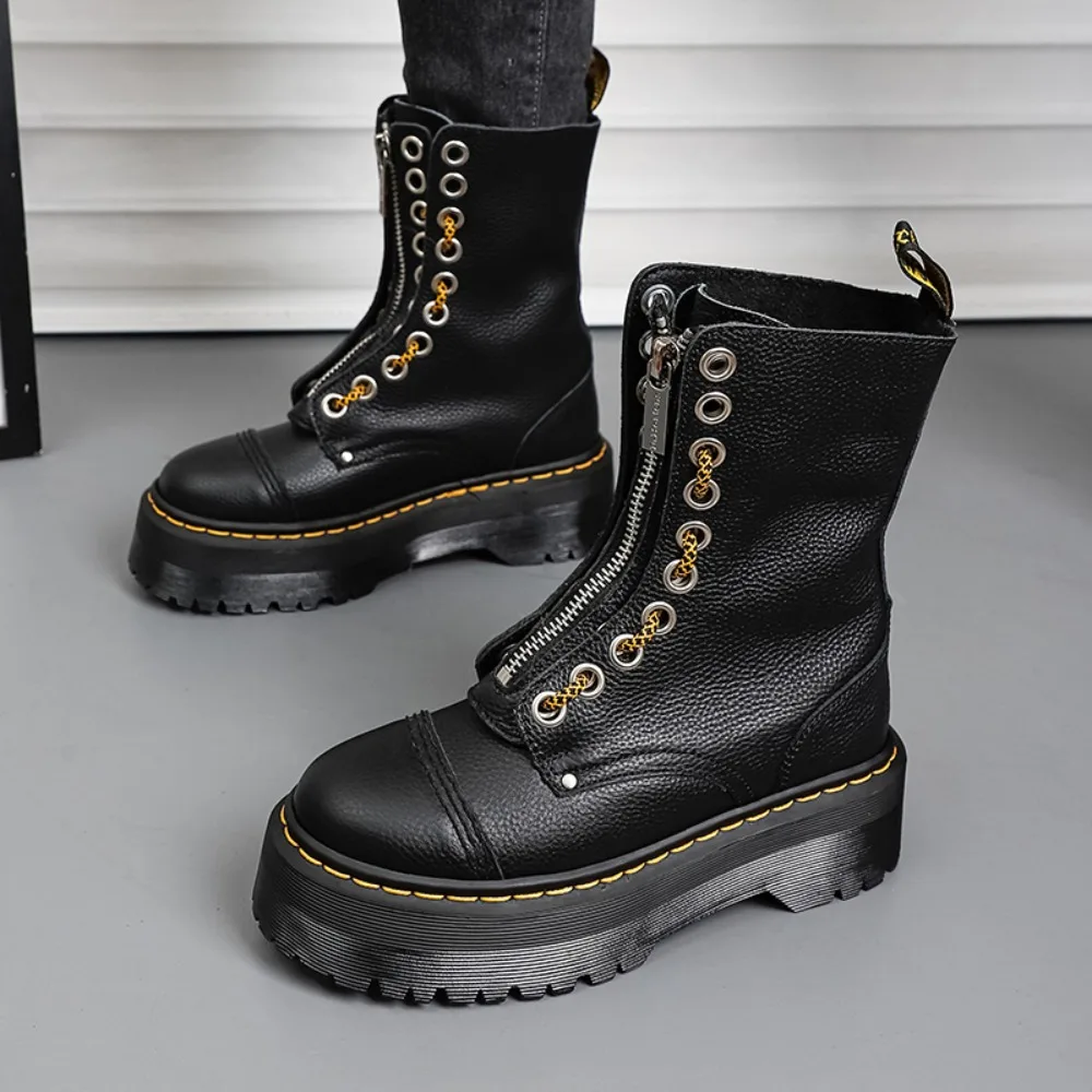 Femmes bottes en cuir véritable plate-forme bottes moto chaussures avant fermeture éclair semelles optiques mode Sexy Punk luxe hommes bottes d'hiver