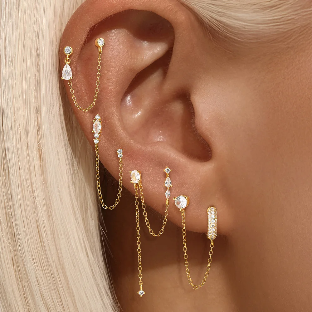 AIDE Single 925 Sterling Silver Ear Piercing Studs Long Chain Crystal Huggies Earrings for Women Female Trend Cartilage Brincos