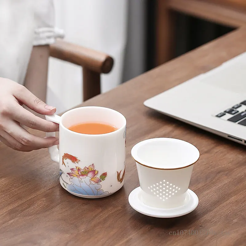 Hand-painted Landscape Pattern Series Tea Water Separating Ceramic Office goat fat Jade Porcelain Belt Cover Filter Mug, Tea Cup