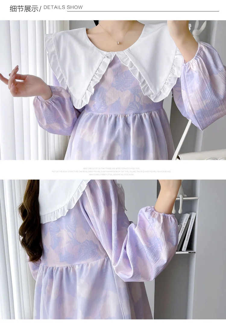 Autumn Plus Size Women\'s Floral Dress Sweet Peter Pan Collar Long Lantern Sleeve Maternity Purple Dress Pregnancy A-line Dresses
