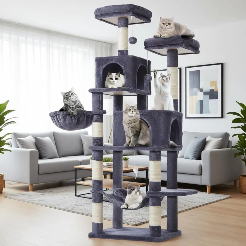 

Домик-дерево для кошек 168 см, многоуровневый, с 7 стойками для когтей, 2 платформами, 2 гнездами, гамаком, 2 помпонами, цвет дымчато-серый