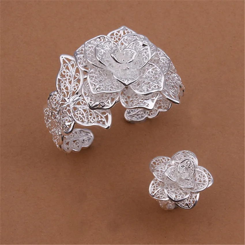 

Fine charms 925 Sterling Silver big flower bangles rings bracelets for women fashion party wedding Jewelry sets Christmas Gifts