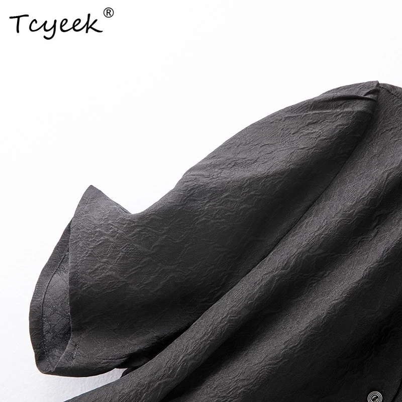 Tcyeek, 여성용 100% 리얼 실크 우아한 셔츠, 퍼프 슬리브 V 넥 솔리드, 단순 다용도 블라우스, 2024 봄 T43293QC