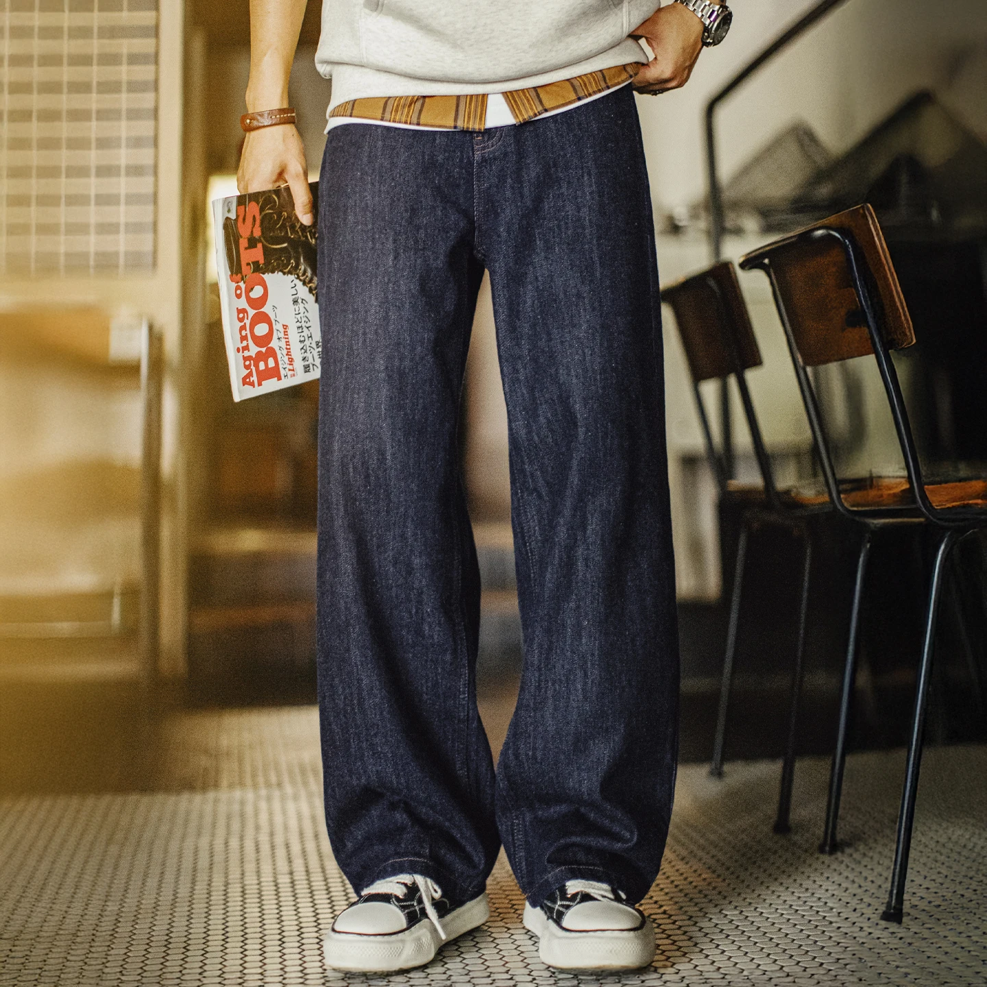 Męskie jeansy Maden w stylu vintage, 9.7oz, prosty krój, sprane na niebiesko, zapinane na zamek, codzienne spodnie na wiosnę i jesień.