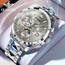 OUPINKE 3201 Automatic Mechanical Watch High end Tungsten Steel Roman Scale Dual Calendar Display Men Hand Clock Moon Phase