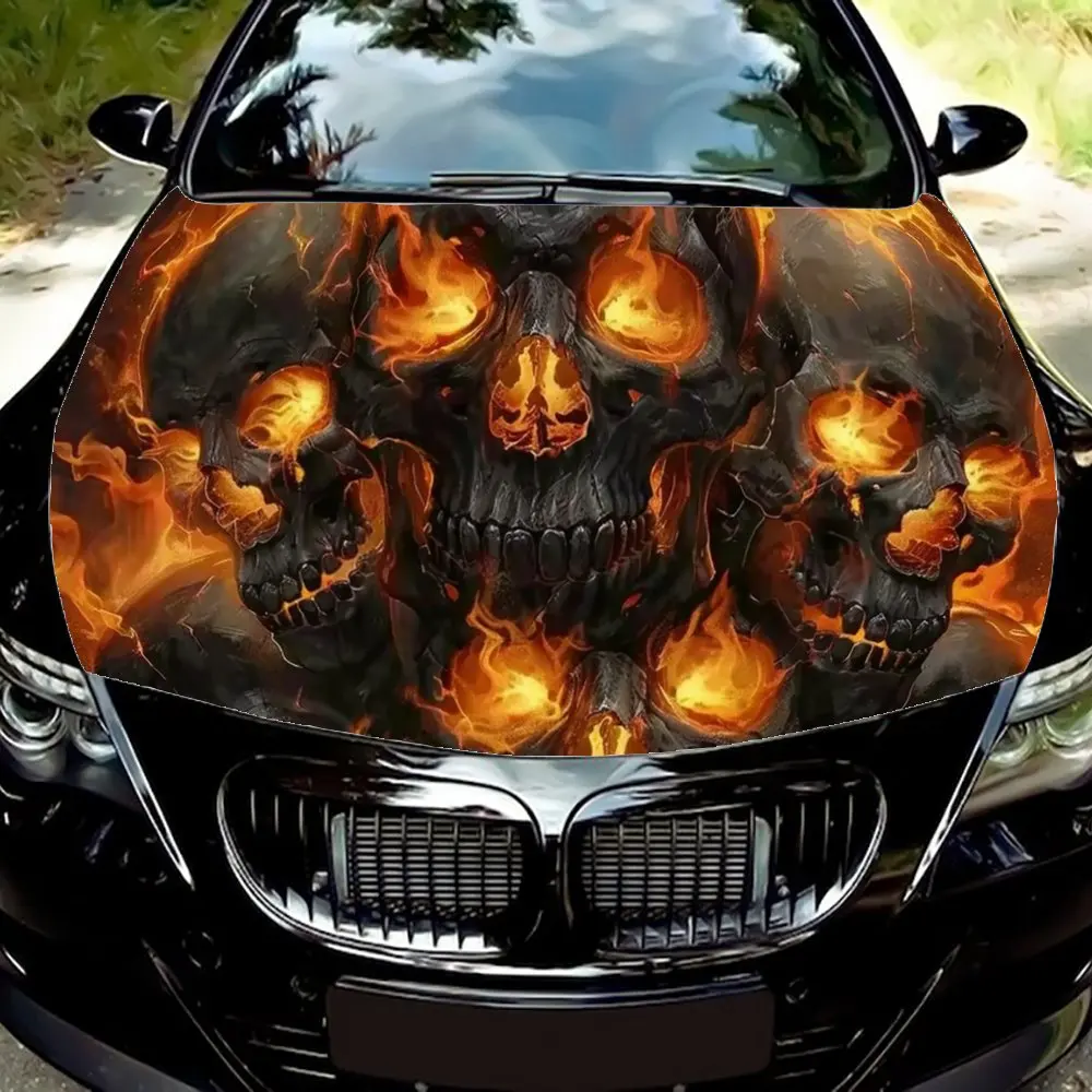 Fiery Skull Cluster Car Hood Vinyl Wrap Decal - Durable & UV - Resistant, Easy - Clean PVC Sticker, Perfect Fit for Auto Body De