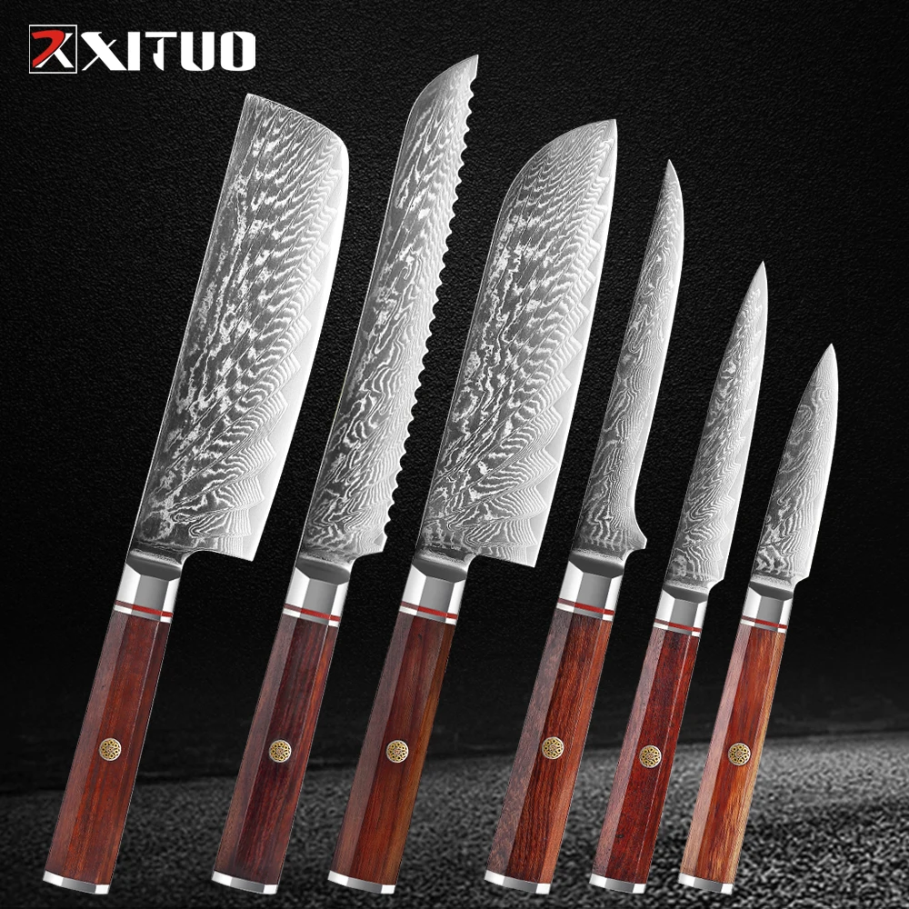 

1-6PCS Set Damascus Steel Kitchen Knives Santoku,Cleaver,Paring,Bread ,Boning, Cooking Knives Red Acid Branch Octagonal Handle