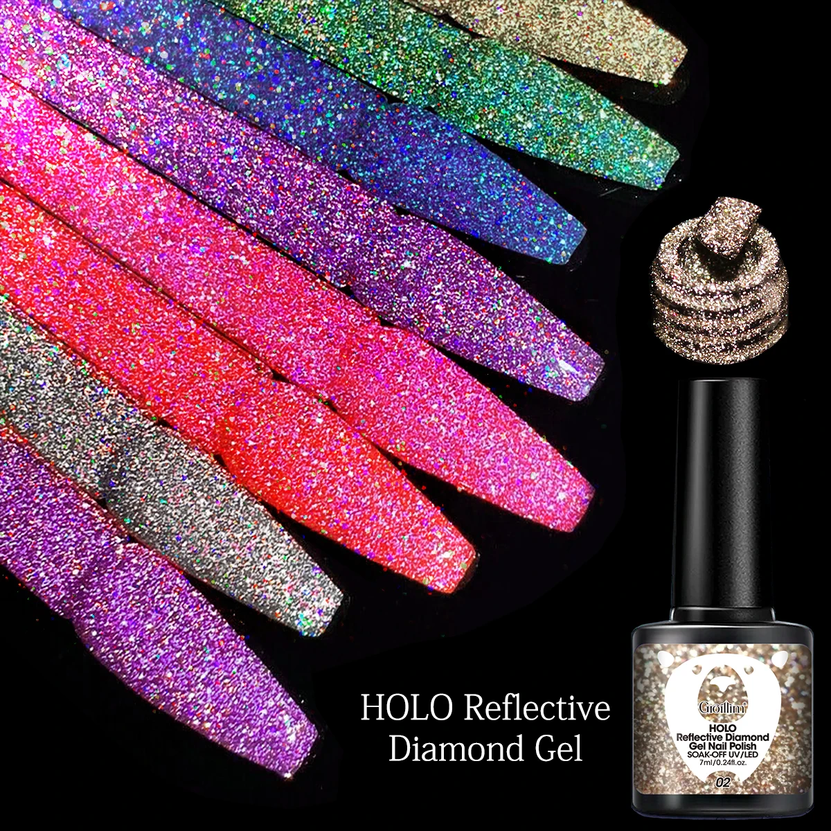 Groillim Single Bottle Rainbow Rhinestone Gel-Nagellack – glänzender Effekt, alkoholfrei, 0,24 Unzen – glitzernde Nägel, Salon geeignet