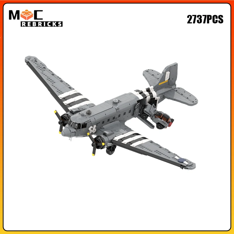 MOC Military C-47 Skytrain Transport Aircraft Cargo Airplane Warplane Propeller Plane DIY Building Blocks Bricks Toy Model