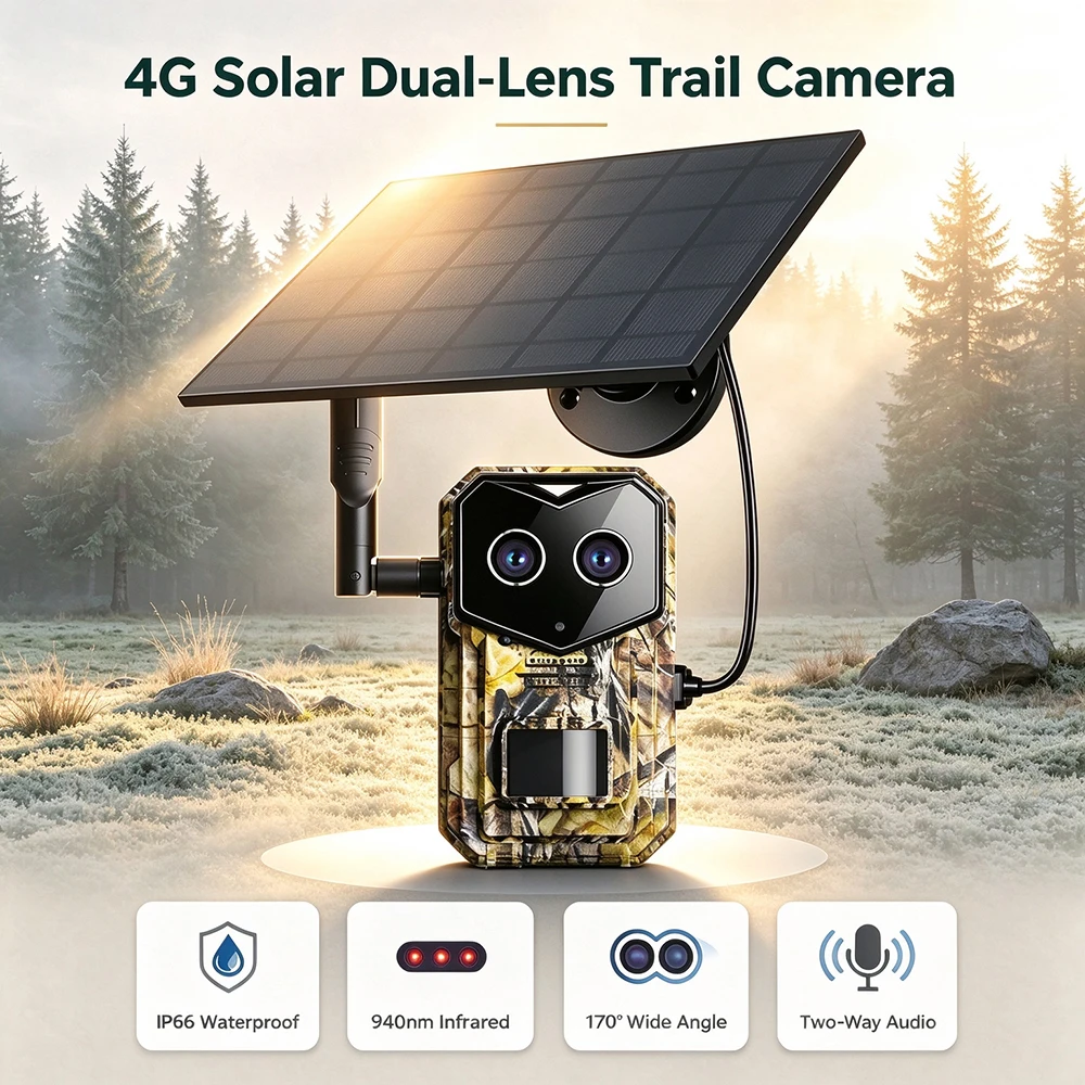 4G Dual Lens Solar Trail Camera Camouflage 170° View IP66 Weatherproof 3MP PIR Motion Detection Camo Outdoor Hunting Camera