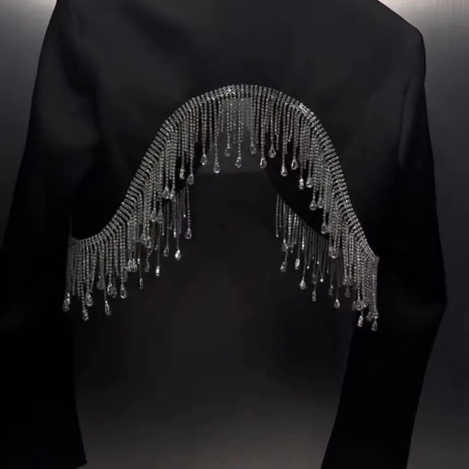 Luxury Diamonds Beaded Fringed Blazers Coat Rhinestones Tassels Suits Jacket High Waist OL Cardigan Jumpers Back Split Crop Tops