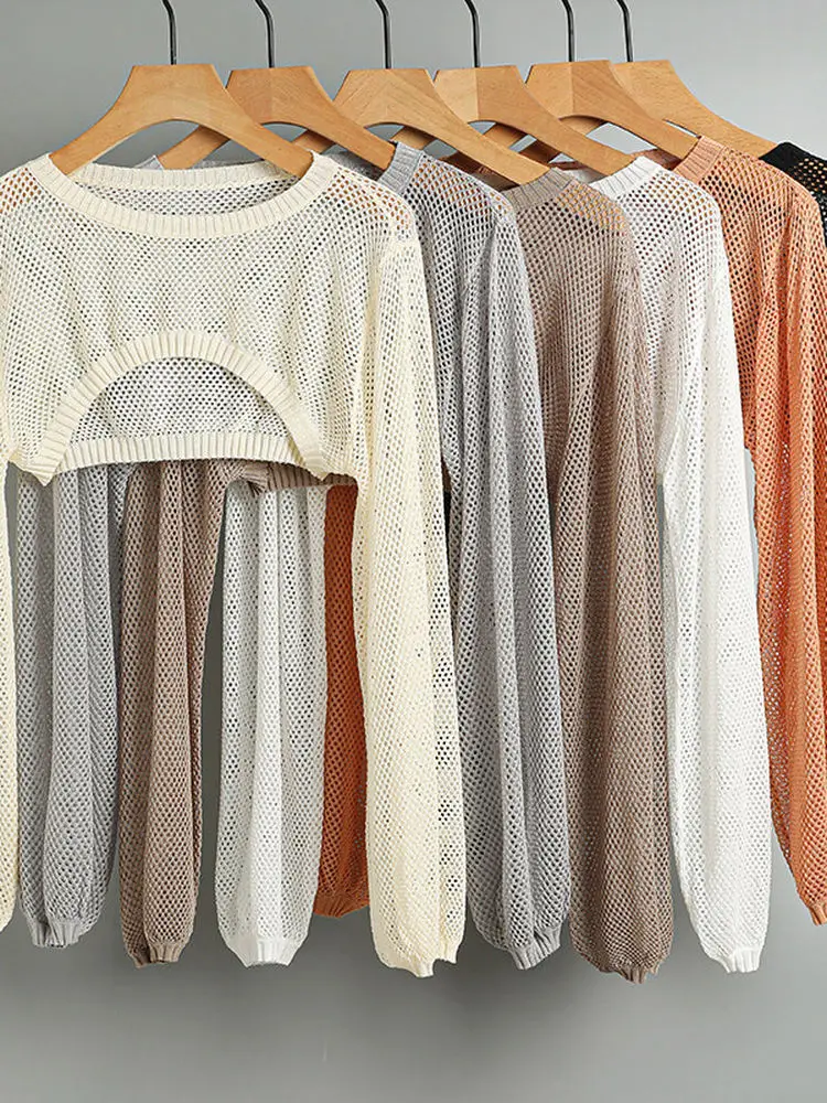 

Sexy Hollow out UV Protection Knitted Cardigan Women's Thin Outerwear Shawl Ultra-Short Irregular Long Sleeve Cover up