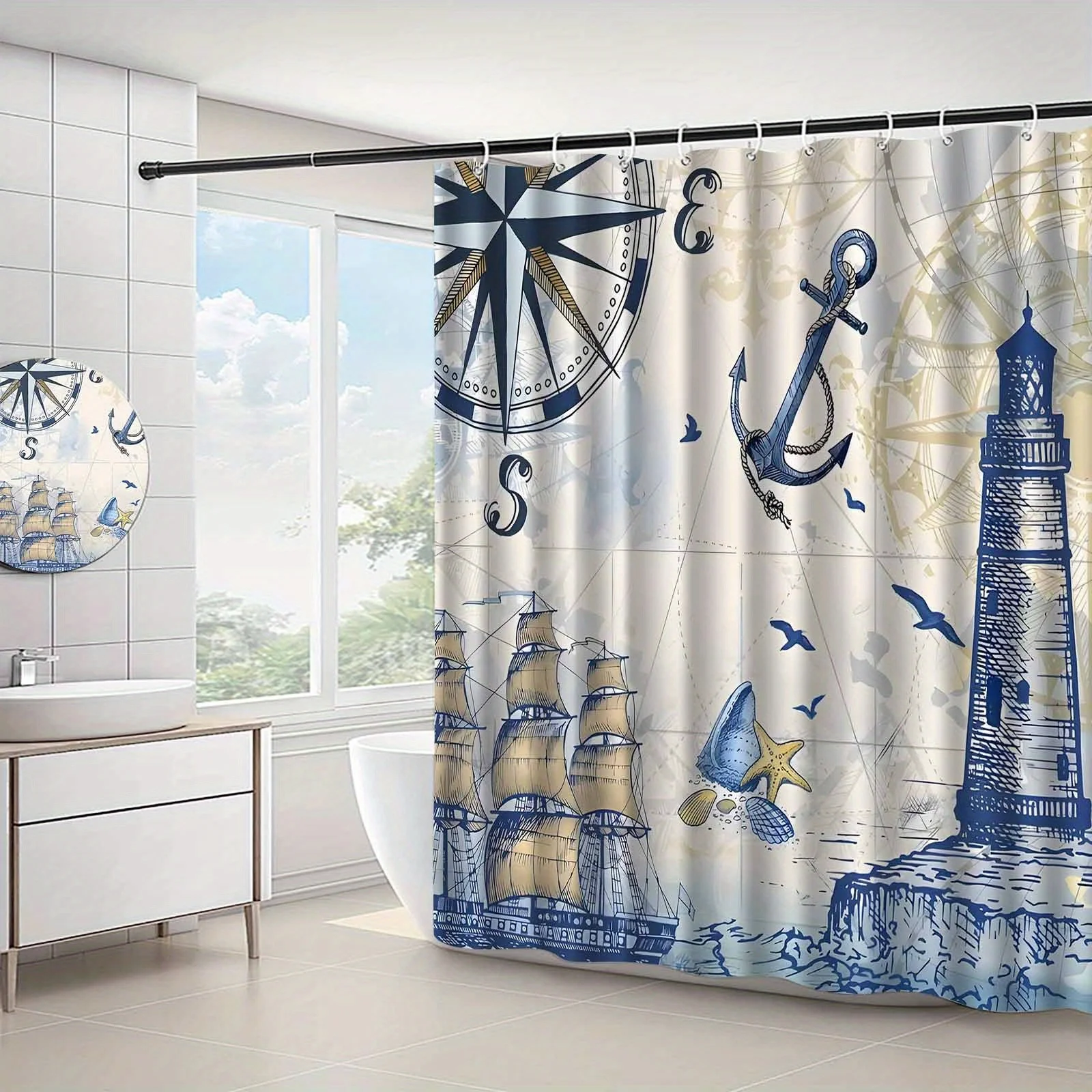 Jit1pc Navigation-Themed Shower Curtain Featuring a Lighthouse, Anchor, Compass, And Ship Design, Perfect for an Upscale And Sty
