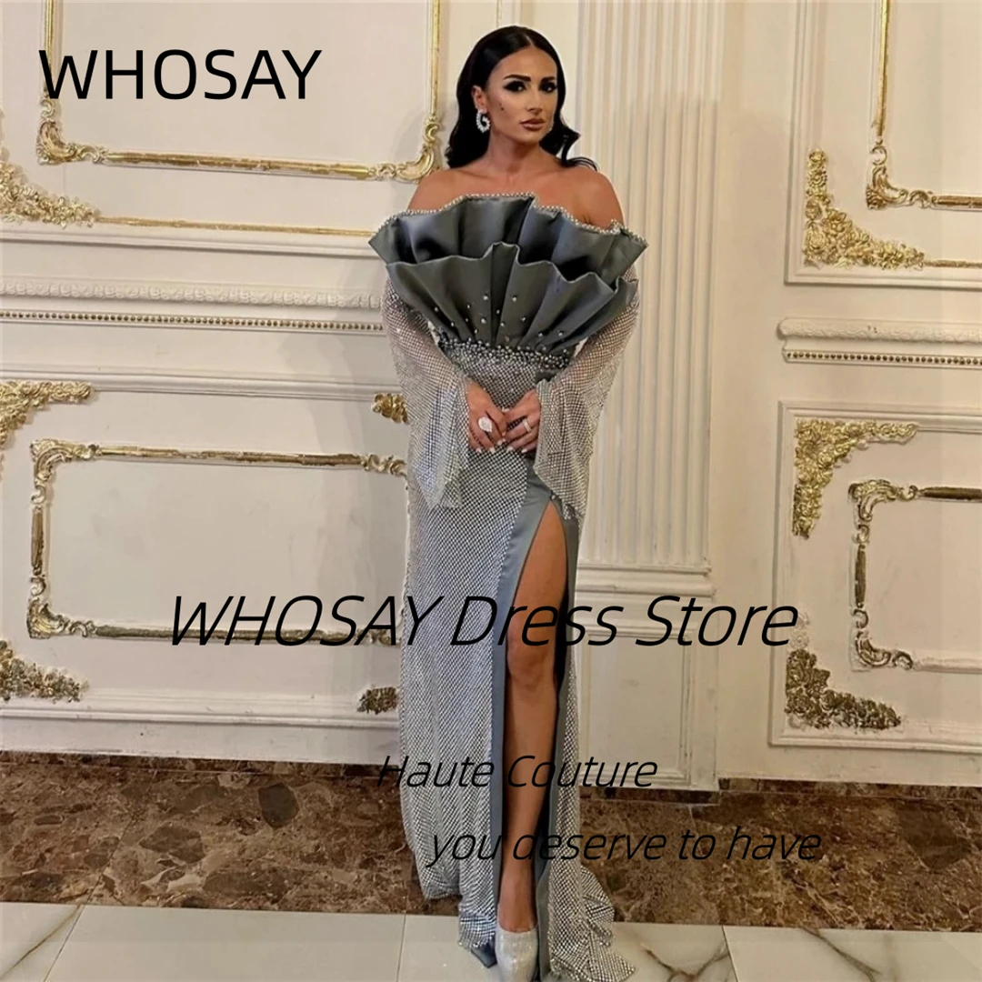 

WHOSAY Индивидуальные платья для выпускного вечера Vestidos De Gala, многоуровневое вечернее платье без бретелек с рюшами и бисером, платья для дня рождения с разрезом по бокам