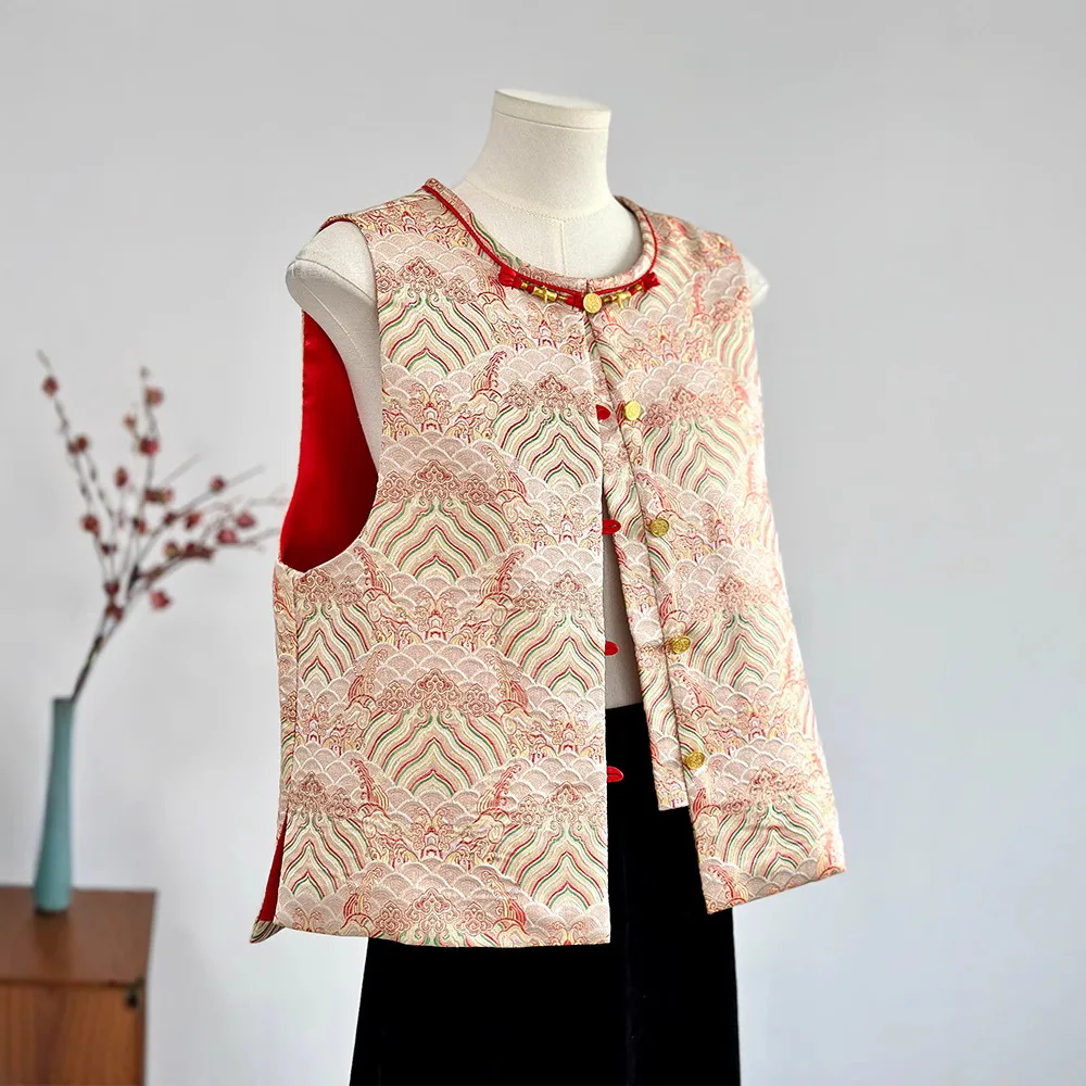 

Женский топ-жилет Ханьфу 2026 из атласного жаккарда в стиле тан, без рукавов, роскошный винтажный жакет-ципао на пуговицах, подарок