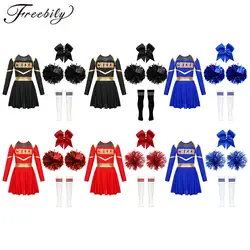 Kids Girls Cheerleading Uniform Dress With Flower Balls Sets Children Cheering Team Dance Outfits Cheerleader Costumes Dancewear