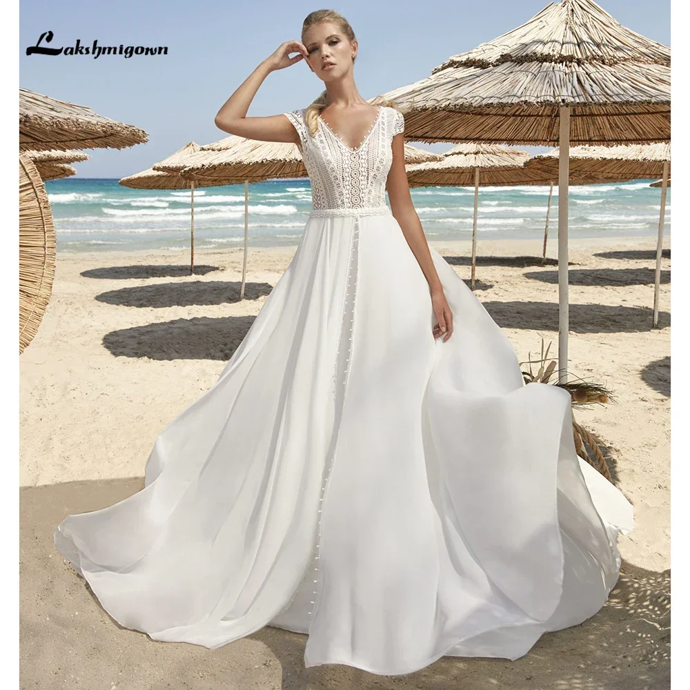 

2025 Beach V Neck Short Cap Sleeve Lace Top Sexy Open Back Chiffon A Line Wedding Dress For Women Boho Bridal Gowns Sweep vestid