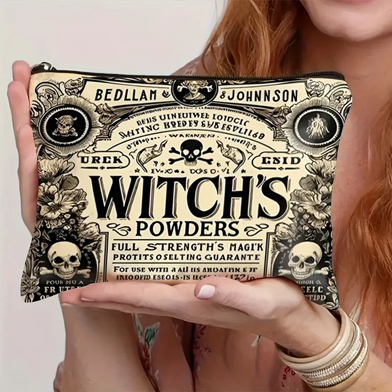1Pcs Gothic Witch Makeup Bag Wicca Herb Potion Magic Symbol Print Vintage Victorian Black Gold Travel Toiletry Storage Pouch Uni